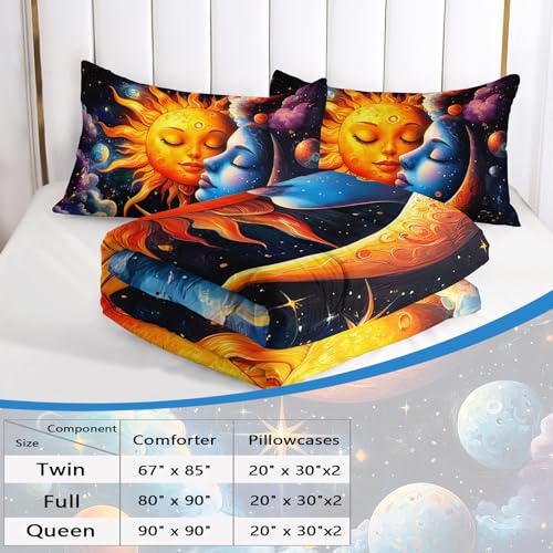 Image of AILONEN Sun and Moon Comforter Set Full Size, Magic Clouds Space Planet Starry Bedding Set,3Pcs Soft Microfiber Duvet with 2 Pillowcases