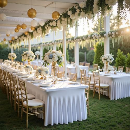 Image of 2 pk White Spandex Table Cloth Rectangle 8ft with Ruffle Skirt,Wrinkle Free High-Stretch Fitted Tablecloths for 8 Foot Rectangle Tables,Elastic Spandex Table Covers 8 ft for Parties Weddings Banquet