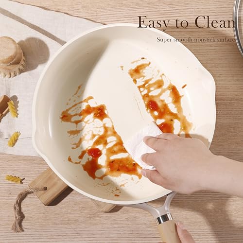 Image of CAROTE 10 inch Ceramic Frying Pan with Lid, Non Stick Frying Pan Skillet Chef's Pan, Healthy & PFOA /PFAS Free, Induction-Compatible, Taupe