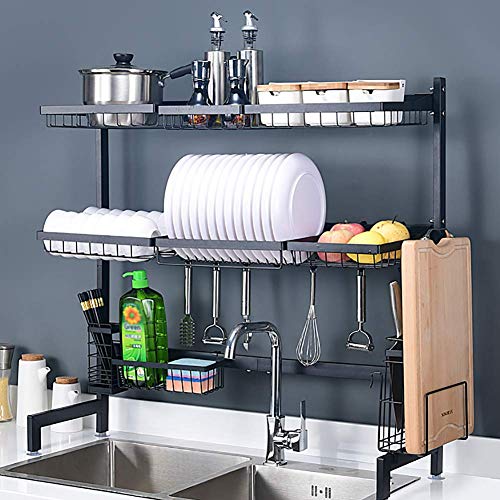 Over Sink Geschirrkorb, Geschirrtrockner Organizer Mit Besteckhalter, Edelstahl Geschirrablauf Schwarz, Lagerregal Zähler 2 Tier 95cm (37inch)