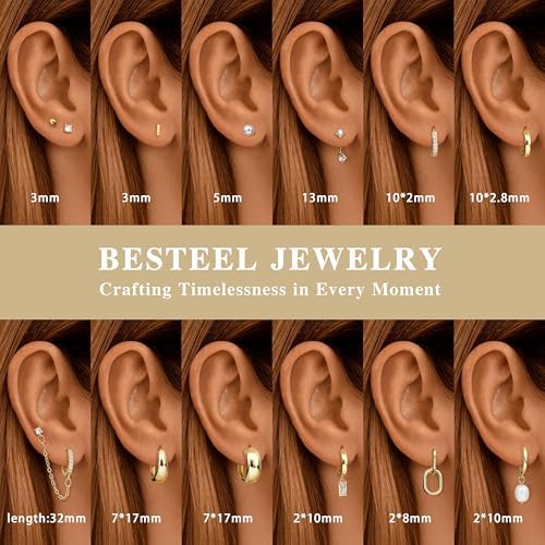 BESTEEL 13 Pairs Small Stud Hoop Earrings Set for Women, Gold Earrings Pack — view 2