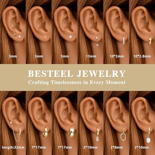 BESTEEL 13 Pairs Small Gold Hoop Earrings Set for Women 14K Gold Plated Lightweight Huggie Hoops Hypoallergenic Pearl Dainty Stud Hoop Earrings for Gift, Gold