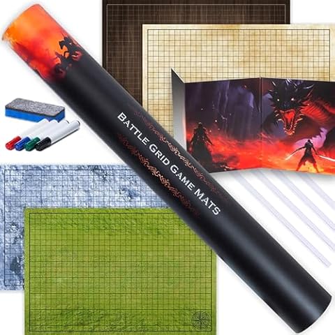 Tidyboss 24" x 36" DND Starter Set | 2 x Double Sides 4 Terrains Game Grid Mat Includes Dry Erase Markets, Eraser, Clips and 4-Panel Master Screen Cover
