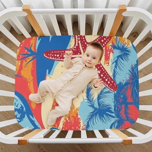 Image of Crib Sheet Breathable Soft Crib Mattress Sheet for Baby Toddler Boys Girls Fitted Crib Sheet Fit Standard Crib Mattress 52 x 28 Inch Bright Summer Beach Starfish
