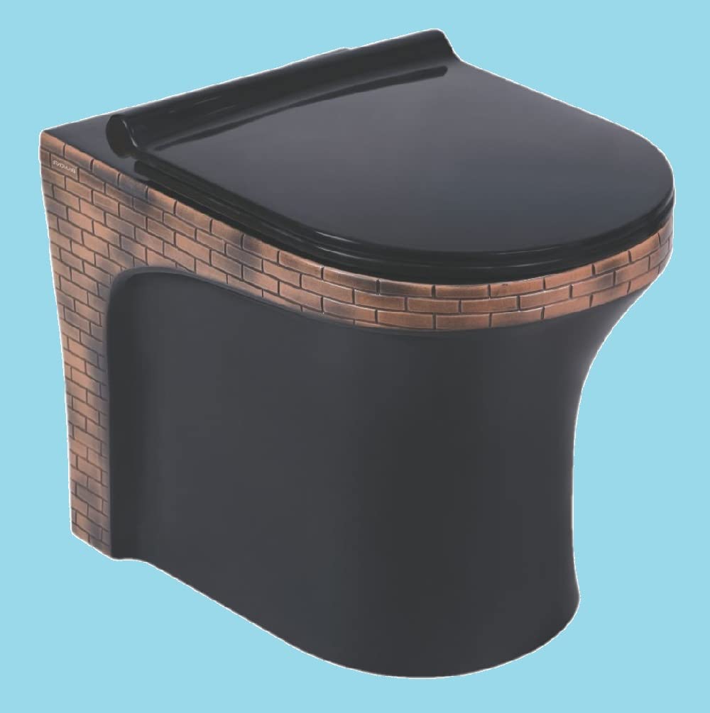 Vardhman Ceramics Designer Floor Mounted European Water Closet One Piece Western Toilet Commode S Trap Bricks Black with Slow Motion Soft Close Seat Cover Ewc Retro S Bb08