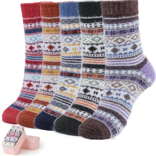 Image of ICEIVY 5 Pair Fuzzy Cozy Socks for Women - Warm Comfy Soft Casual Home Sleep Winter Wool Socks - Gifts for Women