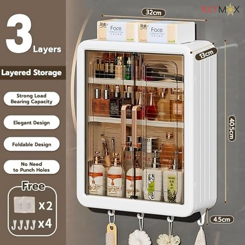Image of RAYMOX 3-Layer Wall Cabinet with Doors, Self-Adhesive Kitchen & Bathroom Organiser (Pack of 1)