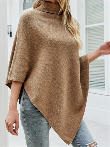 Pocadri Women's Vintage Knitted Shawl Wraps Chunky Turtleneck Poncho Sweater Pullover Asymmetrical Coat Fall Winter3