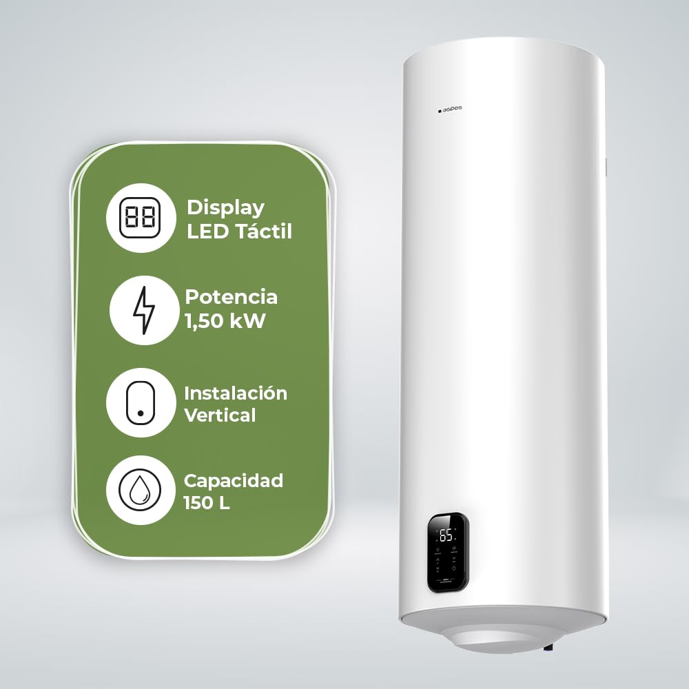 Aspes Termo Eléctrico 150 Litros, AT15000DW. 1500W, Kit de Montaje Incluido, Resistencia Acero Esmaltado, Termostato Digital, Temperatura Máx 93 º, Blanco, Eficiencia Energética Clase C