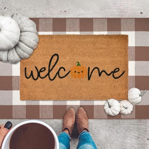 Fall Door Mat Combo Set, Welcome Coco Coir Welcome Doormat + 28" x 43" Mocha and White Plaid Rug - image 3