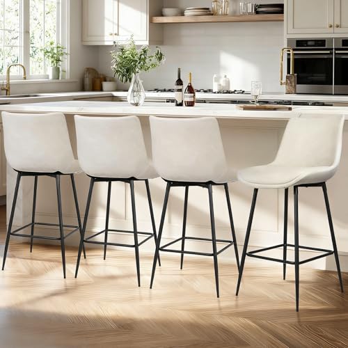 VATROS Counter Height Bar Stools Set of 4,FSC Certified Upholstered Faux Leather Bar Stools Set of 4 with Back, Metal Base, 27" Seat Height,Modern Upholstered Barstool for Kitchen Island, (Beige)