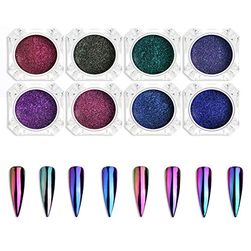 Chameleon Chrome Nail Powder Pigment Kit Mirror Effect 8 Colors Nail Art Holographic Glitter Set