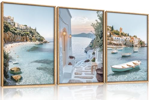 Aryroi Natural Coastal Ocean Framed Canvas Wall Art Set,Modern Whitewashed Architecture Scenery Wall Decor, Mediterranean Beach Boat Landscape Artwork for Living Room, Bedroom,Farmhouse- 24"x36"x3