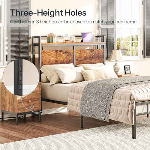 Image of HOOBRO Headboard Full Size, Headboard with 2 Outlets and 4 USB Ports, Adjustable Height, Storage Rack, Sturdy and Stable, Easy Assembly, Rustic Brown and Black