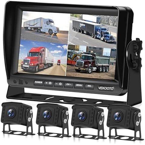 VEKOOTO Wired 1080P Backup Camera System with 7 Inch IPS Monitor for Truck RV Trailer Bus, Rear View Camera, with Side Front View Camera, 4 Split Screen, Waterproof, Night Vision Cover