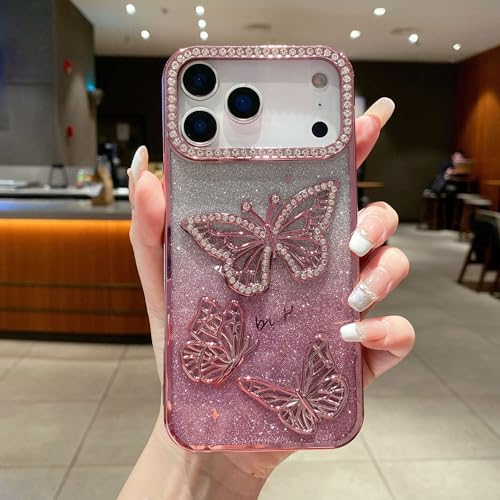 Altartar Funda para iPhone 14 con purpurina, de silicona para iPhone 14, diseño de mariposa y diamante, ultrafina, para mujer, color rosa