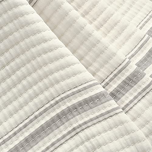 Image of Lush Decor Farmhouse Stripe Kantha Pick Stich Yarn Dyed Cotton Woven Throw Reversible Ticking Pinstripe Design Blanket, 50 inch x 60 inch, Gray