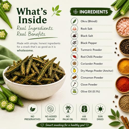 Image of GRABZ Crispy Bhindi Okra Chips| Air-Cooked, Solar-Dehydrated | Low Calorie Snacks - Roasted , Namkeen - No Transfat Diet| Gluten Free, Low Gi, No Cholesterol & Dried Vegetables chips | High Fiber, Olive Oil & Spicy Garlic Masala Flavor | 20g Each (Pack of 3)