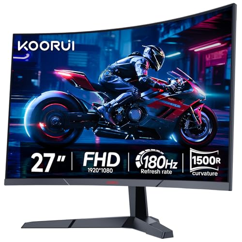 KOORUI Monitor Gaming Curvo de 27 Pulgadas 180Hz, 1920x1080, FHD, 1500R, Adaptive Sync, HDR10, VESA, Incluye Cable DP y HDMI