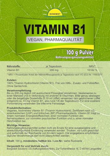 Vitamin B1 (Thiamin), Pulver, Pharmaqualität ohne Zusätze, vegan, 100 g Pulver ohne Zusatzstoffe im umweltfreundlichen Beutel aus Kraftpapier, Bonemis®