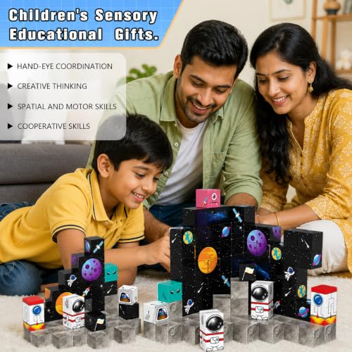 Image of Magnetic Building Blocks for Kids, 3D Magnetic Tiles Construction Set, STEM Educational Learning Toy, Creative Building & Pretend Play Toy for Boys & Girls 3+ Years (102 PCS Space Theme Magnetic Cube)