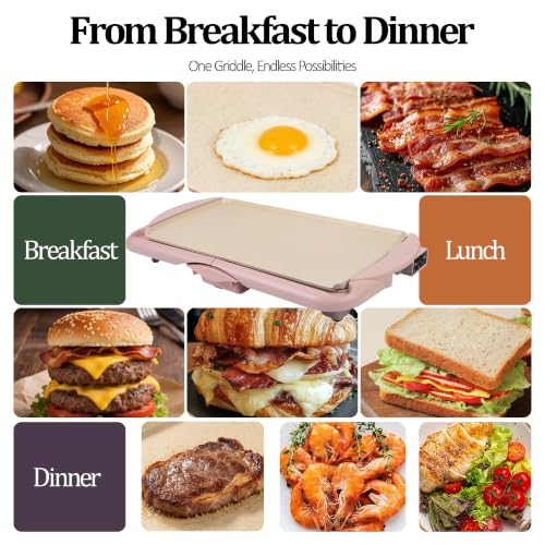 Image of 20 inch Pink Electric Griddle & Skillet with Ceramic Non-Stick Surface, 1400W Family-Sized Extra Large Baking Pan, Adjustable Temperature & Slide-Out Drip Tray