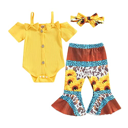 Image of Lefyira Cow Print Bell Bottoms Outfits Toddler Girl Short Sleeve Romper Rib Knit Button Bodysuit Flare Pants Clothes Western(C#102#Yellow,6-12 Months)