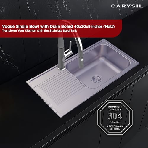Image of Carysil VSG Pro 40 x 20 x 9 Inch 304-Grade Stainless Steel Kitchen Sink with Drainboard, Pressed Sink, Matt Finish, Deep Bowl, Sloping Drain, Noise Reduction Padding, Anti-Condensation Coating