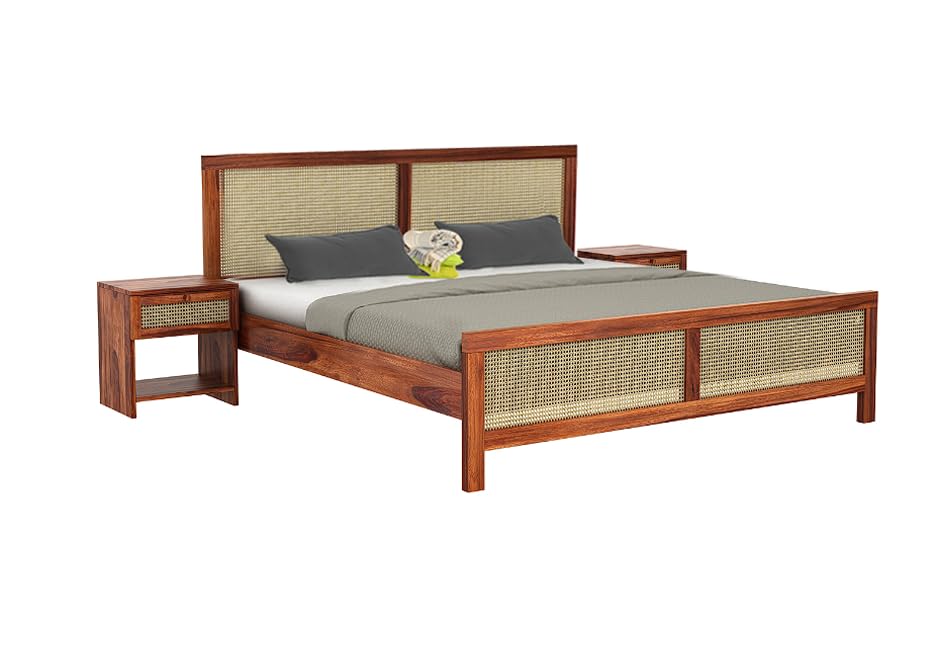Image of Solid Sheesham Wood Poster King Size Poster Honeymoon Bed Without Storage with Designer Piller and Cane Crafting