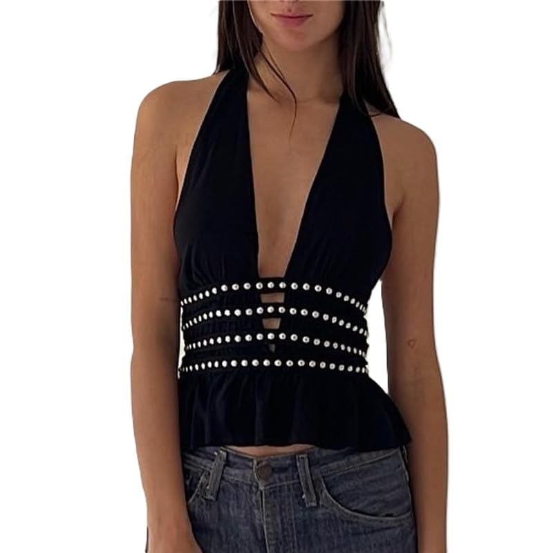 Top halter sin espalda contra el calor con escote V de perlas