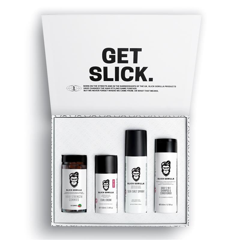 Slick Gorilla Set de Rizos / Ondas – Set de Cuidado Capilar con Crema para Rizos, Spray de Sal Marina, Gummies y Champú 2 en 1 para Cabello Liso, Ondulado o Rizado