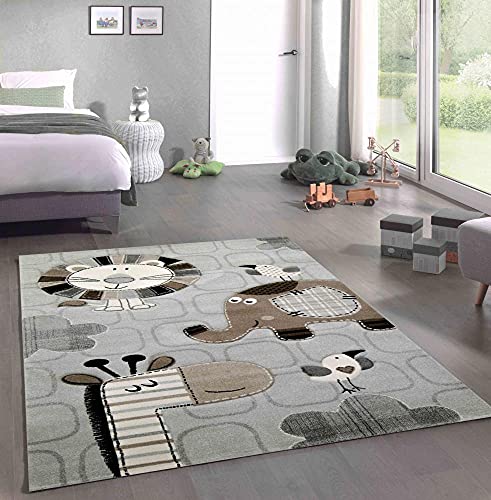 CARPETIA Spielteppich Kinderzimmer Teppich afrikanische Tiere Giraffe Löwe Elefant Vögel Creme...