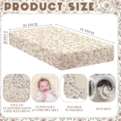 Image of Peryiter 4 Pack Crib Sheets Brown Retro Floral Soft Baby Bed Sheet Set 52'' x 28 inch Nursery Crib Sheets for Standard Bed Toddler Mattress Nursery Decor Boys Girls Kids