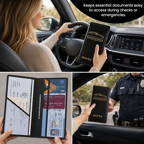 Image of Storite Pu Leather Unique Car Registration and Insurance Card Holder, Vehicle License Document Glove Box Compartment Organizer, Interior Car Accessories for Women & Men (Black)