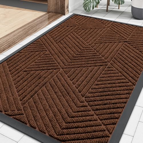 Image of Smiry Front Door Mat Outside Entrance, Heavy Duty Sturdy Natural Rubber Doormat, Trap Dirt and Moisture, Easy Clean Low Profile Mats for Indoor Outdoor Entry, Irregular Triangle (29.5x17, Deep Coffee)