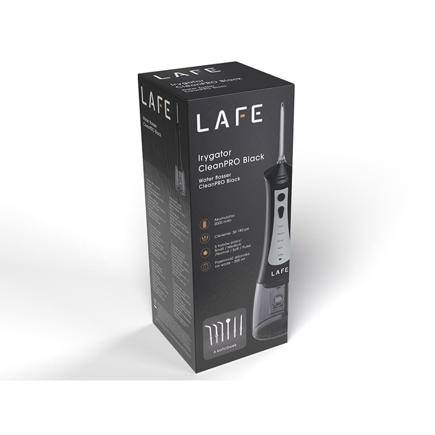 LAFE CleanPRO Irrigador Dental Negro – 5 Modos, 6 Boquillas, 300ml, IPX7, Batería 2000mAh, Portátil, Recargable USB, Limpieza Bucal Profunda, Ideal para Ortodoncia y Encías Sensibles