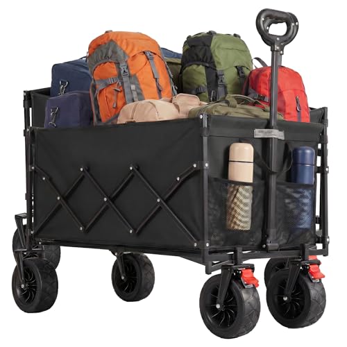 SONGMICS Chariot de Transport Pliable, avec Poignée, 4 Roues Renforcées Dont 2 Roues Universelles, pour Plage, Camping, Jardin, Charge 180 kg, Noir d'encre...