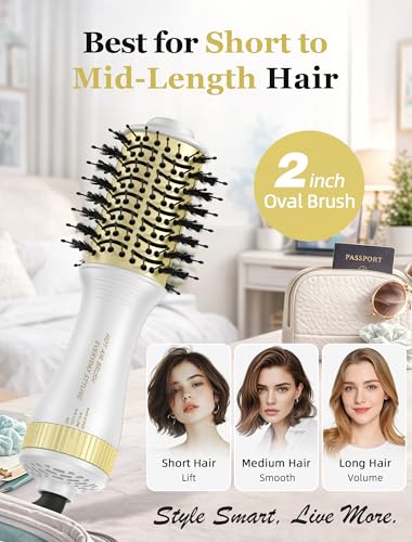 Image of Travel Hair Dryer Brush, 2 Inch Oval Blow Dryer Brush for Short to Medium Hair, Dual Voltage 120-240V Hot Air Brush, Ceramic Blowout Brush with 3 Heat Settings, White Gold