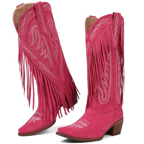 Image of Cowgirl Boots Women Retro Pull On Block Chunky Suede Fringe Cowboy Boots | Pointed Toe,Concert Outfits Knee High Western Boot, Country Boots,Tall Boot for ladies Party concert