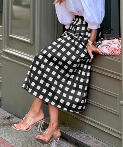 SOMTHRON Women's Summer Plaid Midi Skirt Elastic High Waist A Line Gingham Printed Flowy Work Office Long Skirt4