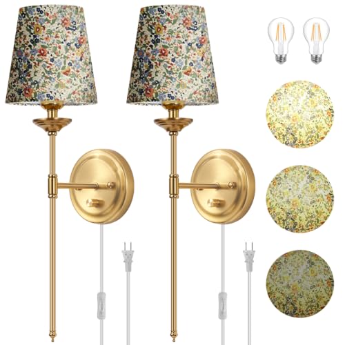 Image of Dimmable Plug in Wall Sconces Set of 2, Gold Bedside Wall Lamp with Knob Dimmer Switch and Flower Shade, 6.5FT Electric Cord Mid Century Modern Bathroom Wall Light Fixture for Bedroom Living Room