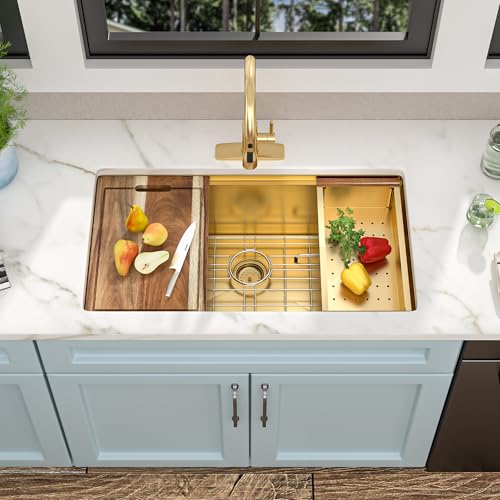 Image of 33 Undermount Kitchen Sink Gold - Fulorni 33 inchx19 inch Kitchen Sink Brushed Gold NANO-PVD Ledge Workstation 16 Gauge 304 Stainless Steel Under Counter Single Bowl Basin