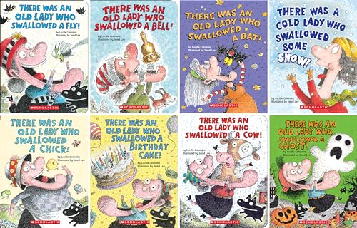 Image of 'There Was an Old Lady Who Swallowed' Set (8 Board Books) - Bat, Bell, Birthday Cake, Chick, Cow, Fly, Ghost, Snow