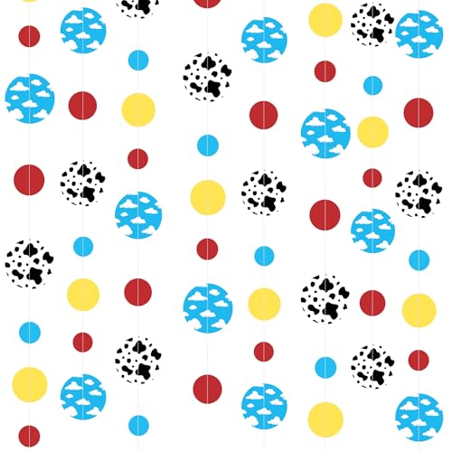 Image of Cartoon Story Party Decorations Blue Yellow Red Circle Dot with Cloud and Cow Print Polka Dots Garland Streamer for Kids Birthday Baby Shower Toy and Story Carnival Theme Party Decorations Supplies