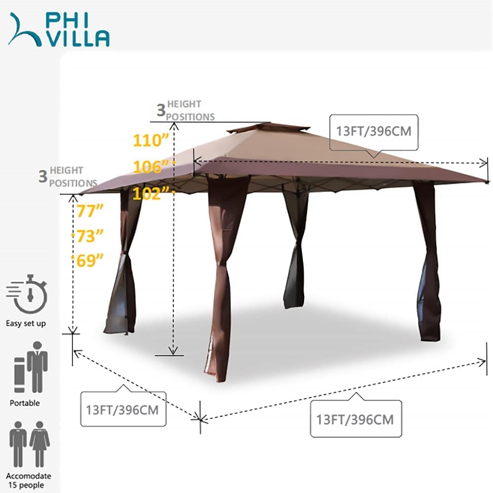 PHI VILLA Easy Set-up 13x13 Pop Up Canopy Gazebo Alloy Steel Instant Shelter Canopy, 13' x 13' with 169 sq ft of Shade, Vented Roof, Traditional,Unique, Beige