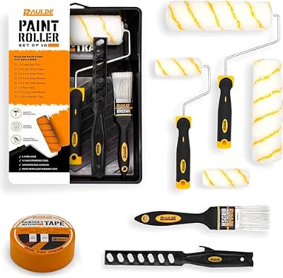 Raulde Paint Roller Kit of 10 Pcs - Includes a Paint Tray, Brush, Large and Mini Rollers & Sleeves, Paint Repellent Masking Tape, Paint Mixer - Roller Set for Painting Walls