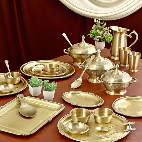 Image of cWc Pure Brass Itching Dinner Set - 70-Piece Traditional Indian Thali Set with Brass Plates, Bowls, Glasses, Spoons, Forks, Serving Handi, Jug & Tray | Premium Handcrafted Tableware