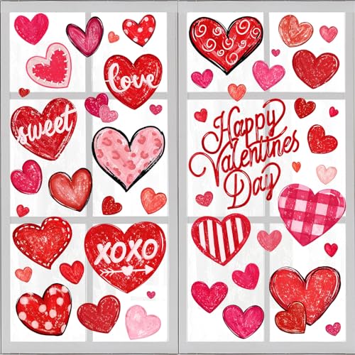 Valentines Day Window Clings Decorations Heart Window Clings for Glass Windows for Valentines Day Decorations in 6 Sheets