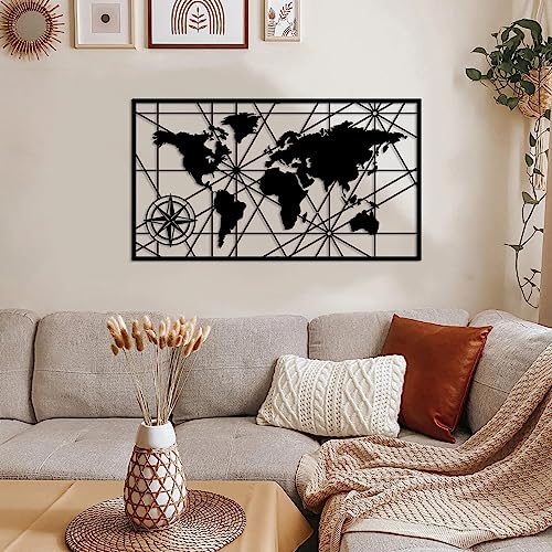 World Map Wall Art : World Map Compass Continent Wall Hanging Home and Office Decor | Black World Map Metal Wall Art