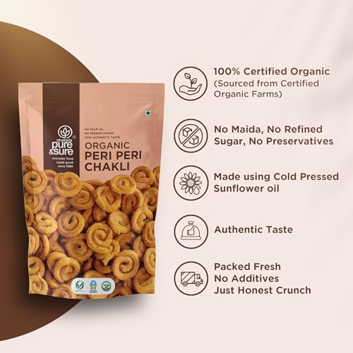 Image of Pure & Sure Organic Peri Peri Chakli Snack 300gm | Delicious Crunchy Namkeen & Snacks | Ready to Eat Tea Time Snacks, Cholesterol Free, No Trans Fats, No Preservatives| 150gm each (Pack of 2)